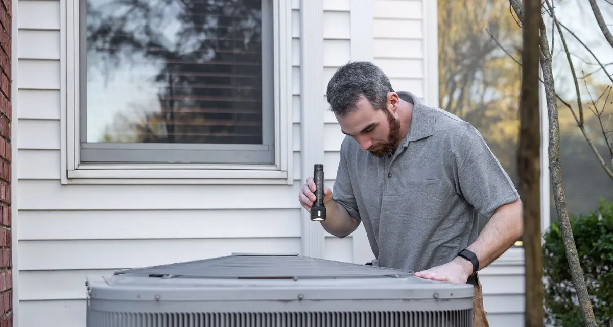 Illustrative stock photograph of a technician inspecting an outdoor HVAC unit.