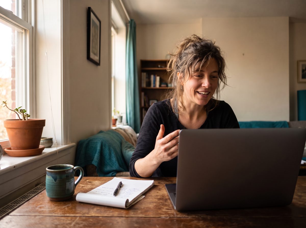 Illustrative image: person on a video call at a home desk with a notepad and coffee